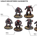 A collection of six detailed miniature mechs, known as Udar Industries Hardbots, is displayed on a textured base resembling a battlefield. Each mech features a distinct design and color scheme, primarily in shades of red and gray, with various weaponry and poses indicating their roles as walkers. The mechs are labeled with their names: Boris, Udar, Groza, Geroy, and Buran, showcasing their unique characteristics within the game.