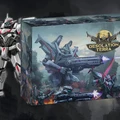 A large box for the game "Desolation Terra" features dynamic artwork depicting futuristic mechs engaged in battle, with vibrant colors and dramatic lighting. On the left, a detailed mech stands prominently, showcasing a sleek design with red and gray accents. The game's title is displayed at the top center, surrounded by a stylized emblem, enhancing the sci-fi theme of the scene.