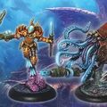 A vibrant underwater scene features four intricately designed miniatures from the game DeepWars. On the left, a mermaid with a flowing tail and a trident stands poised, while next to her, a steampunk diver in ornate armor brandishes a weapon. The third figure is a tentacled creature wielding a harpoon, and on the far right, a colorful, armored being with a shell-like back holds a spear. The background showcases a fantastical underwater landscape filled with swirling colors and marine elements.