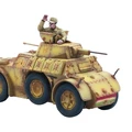 A detailed model of a military vehicle, featuring a tan and brown camouflage pattern with weathering effects. The vehicle has large, rugged wheels and is equipped with two visible cannons on the turret. A figure of a soldier in a uniform and cap is positioned on top, waving, adding a dynamic element to the scene.