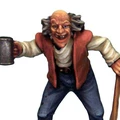 A detailed miniature figure of a grinning, elderly tavern patron, holding a metal mug in one hand and a wooden staff in the other. He wears a white shirt, a red vest, and blue trousers, with wild gray hair framing his face. The figure captures a lively and mischievous character, embodying the spirit of a fantasy tavern setting.