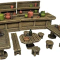 A detailed collection of 3D-printed tavern furniture, featuring a wooden bar with shelves displaying various colorful pots and jugs in shades of green, orange, and brown. The scene includes several tables and stools, all crafted to resemble rustic wooden furniture, with a round table holding a small dish and a black bottle. The overall design evokes a cozy, fantasy tavern atmosphere, perfect for tabletop RPG settings.