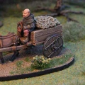 A miniature scene features a small cart being pulled by a brown horse, with a seated figure dressed in rustic clothing, holding the reins. The cart is laden with a bundle of hay or straw, and the base is detailed with grass and small plants. In the background, a stone building adds to the fantasy setting, enhancing the overall atmosphere of a quaint village scene.