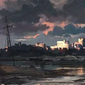 A dark and atmospheric scene depicts a calm harbor at dusk, with a weathered boat moored in the foreground. The sky is filled with dramatic clouds in shades of gray and hints of orange, reflecting the fading light. In the background, a silhouette of a decrepit town can be seen, with various buildings and masts of other boats, enhancing the sense of mystery and foreboding.