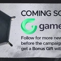 A foldable dice tray with a hexagonal shape, featuring the "One Page Rules" logo engraved on its surface, is set against a textured gray background. The text "COMING SOON TO Gamefound" is prominently displayed, along with a call to action encouraging viewers to follow for updates and receive a bonus gift with their pledge. The overall design emphasizes the upcoming campaign for Grimdark Future: Broken Truth.