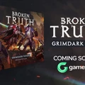 A visually striking box cover for "Grimdark Future: Broken Truth" features two distinct armies: the Saurian Starhost, depicted as fierce, space-aged lizardmen, and the Robot Legions, showcasing robotic figures with a mix of armor and skeletal elements. The title "BROKEN TRUTH" is prominently displayed at the top, with "GRIMDARK FUTURE" and "TWO-PLAYER BATTLE BOX" featured below. The background is dark and atmospheric, enhancing the sci-fi theme, while the text "COMING SOON" and the Gamefound logo indicate the upcoming campaign launch.