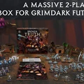A large, visually striking box titled "Broken Truth" is prominently displayed at the center, featuring artwork from the game "Grimdark Future." Surrounding the box are two full 28mm scale armies: the Saurian Starhost, depicted as fierce lizardmen, and the Robot Legions, represented by various robotic figures. The scene includes game components like rules, tokens, and terrain pieces, all set against a dark, atmospheric background that enhances the grimdark theme.