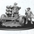 Three detailed miniatures are displayed on a circular base, showcasing a mechanized artillery piece. The central figure, wearing a boonie hat, is positioned behind a cart loaded with cylindrical projectiles, while another figure on the left is holding binoculars, and a third figure on the right is armed with a pistol and holding a clipboard. The miniatures are intricately designed, emphasizing their sci-fi Australian theme.