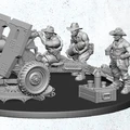 A detailed 3D-rendered miniature scene features a large artillery piece mounted on a wheeled platform, with three muscular figures dressed in boonie hats and casual attire. One figure is positioned at the artillery, preparing to load a shell, while the others stand nearby, one holding a drink and the other ready with additional ammunition. The base of the scene includes crates and shells, enhancing the military theme.