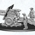 A detailed 3D-rendered miniature scene features a large artillery piece with a prominent barrel, supported by a wheeled base. Three muscular figures, dressed in casual attire and hats, are depicted interacting with the artillery; one is positioned on the cannon, while the others stand nearby, one holding a tool. The entire scene is set on a circular base, showcasing the intricate design of the artillery and the characters.