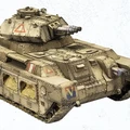 A detailed model of an armoured vehicle, resembling a tank, features a rugged design with a sandy beige color and various markings, including triangular symbols and a "V" emblem. The vehicle is equipped with multiple cannons on its turret and has a textured surface with rivets and hatches. It showcases a robust, militaristic aesthetic, suitable for a sci-fi tabletop gaming setting.