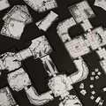 A detailed overhead view of a modular dungeon map, featuring various interconnected tiles with intricate designs representing stone floors and walls. Some tiles depict rooms and corridors, while others show circular areas and pathways. Red markings indicate specific points of interest, such as traps or objectives, enhancing the dynamic nature of gameplay.