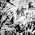 A stark black-and-white illustration depicts two figures in a surreal, alien environment filled with grotesque organic shapes and structures. The characters, dressed in sleek, futuristic suits, stand amidst a chaotic landscape of twisted forms and eerie textures, illuminated by beams of light that cut through the darkness. The background features a cavernous space with hints of machinery and shelves, enhancing the unsettling atmosphere of the scene.