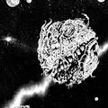 A monstrous, grotesque planet with a gaping, toothy maw dominates the scene, surrounded by a dark, starry space filled with various celestial bodies, including planets and distant stars. The planet's surface is intricately detailed, showcasing a chaotic blend of organic and mechanical elements, evoking a sense of horror and otherworldliness. In the foreground, a stylized structure resembling a circus tent or a grand entrance is partially visible, adding a surreal contrast to the ominous presence of the planet.