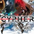 A dynamic and colorful illustration showcases various characters and scenes from the Cypher RPG universe, blending elements of fantasy, sci-fi, and adventure. Prominent figures include a warrior with a sword, a character with flowing hair and intricate armor, and a dragon-like creature, all set against a backdrop of swirling colors and celestial bodies. The word "CYPHER" is boldly displayed across the center, highlighted by a striking red line.
