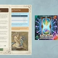 A colorful book cover titled "Worldbuilding Blueprints: Volume I" features intricate artwork of a mythical creature and vibrant designs. Next to it, pages from the book display sections titled "Your Culture" and "Natural North Star," with text and charts for worldbuilding exercises. In the corner, a graphic for "Just in Time - World Building" showcases an hourglass surrounded by planets and colorful elements, emphasizing the theme of creativity and time in worldbuilding.