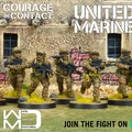 A group of five U.S. Marine miniatures is depicted, each in tactical gear and holding weapons, set against a backdrop of a weathered building with visible stone walls and a window. The miniatures are painted in a camouflage pattern, and they stand on circular bases with tufts of grass around them. The text "COURAGE IN CONTACT" and "UNITED STATES MARINE CORPS" is prominently displayed, along with a call to action to "JOIN THE FIGHT ON KICKSTARTER."