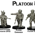 Four detailed miniature figures representing a U.S. Marine Platoon HQ are displayed against a plain background. From left to right, the figures include a Radiotelephone Operator (RTO) holding a weapon, a Platoon Commander in a dynamic pose, a Platoon Sergeant with a confident stance, and a Corpsman equipped for medical support. Each figure showcases modern military gear and is designed for tabletop gaming.
