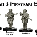 Four detailed miniature figures representing Squad 3 Fireteam Bravo are displayed. From left to right, the figures include a Rifleman equipped with a MAAWS, an Automatic Rifleman, a Grenadier, and a Fire Team Leader, all wearing modern tactical gear. Each figure is intricately designed, showcasing various weapons and equipment, emphasizing their roles within the squad.