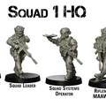 Four detailed miniature figures representing members of Squad 1 HQ are displayed against a plain background. From left to right, the figures include an Assistant Squad Leader, a Squad Leader, a Squad Systems Operator, and a Rifleman equipped with MAAWS ammunition. Each figure is posed dynamically, showcasing modern military gear and weapons, emphasizing the campaign's focus on realistic and contemporary design.
