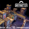A detailed scene showcases a modular sci-fi terrain setup from the UnderNidus District 28 Kickstarter, featuring various stackable structures designed for tabletop gaming. The terrain includes multiple buildings with intricate details, such as weathered walls and colorful accents, connected by yellow walkways and bridges. In the foreground, several miniature figures are positioned, enhancing the scale and immersive quality of the scene.
