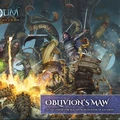 A dynamic scene from the fantasy dungeon crawler Maladum: Oblivion's Maw features several adventurers engaged in battle against a monstrous threat. The characters, including a warrior wielding a sword and a spellcaster casting magic, are surrounded by grotesque, writhing creatures and a fiery backdrop. The title "OBLIVION'S MAW" is prominently displayed at the bottom, indicating this is an expansion for the game.