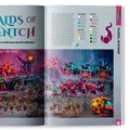 A vibrant spread from White Dwarf Issue 514 showcases a collection of Tzeentch miniatures, featuring a variety of colorful models set against a fantastical backdrop. The left side displays a mix of Tzeentch units, including a large, imposing figure and smaller creatures, all painted in bright hues of pink, blue, and green. On the right, additional miniatures are arranged, highlighting their intricate details and dynamic poses, with a glowing, ornate base in the foreground. The page also includes a color guide for the miniatures, emphasizing the diverse palette used in their painting.