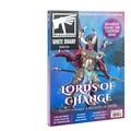 The cover of White Dwarf Issue 514 features a striking illustration of a Tzeentch character, adorned in ornate armor with vibrant colors, including blues and golds. The character has large, colorful wings and a confident pose, embodying the theme of chaos and change. Prominent text on the cover includes "Lords of Change" and "Tzeentch Makes a Mockery of Order," along with a circular badge indicating it is the "Season of Chaos: The Tzeentch Issue."