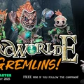 A vibrant promotional image features several whimsical gremlin miniatures, each with distinct features such as exaggerated facial expressions and colorful attire. The gremlins are set against a dark, forested background, enhancing their playful yet mischievous appearance. Prominent text announces "ArcWorlde Gremlins!" along with details about the Kickstarter launch date, and a small sculpted miniature is displayed in the lower right corner, inviting viewers to follow the campaign for a free mini.