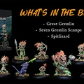 A collection of miniatures features a Great Gremlin and seven Gremlin Scamps, each with distinct designs and vibrant colors, showcasing their mischievous nature. A Spitlizard, a small creature with a long tail and bright colors, is also included in the lineup. In the background, a box displays the text "WHAT'S IN THE BOX," listing the miniatures included in the set.