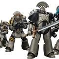 A squad of Iron Warriors action figures is displayed, showcasing four distinct figures in detailed armor. The figures feature a metallic gray color scheme, with one prominently holding a power sword, while another is equipped with a bolter. Each figure is articulated and designed with intricate details, including unique helmets and weaponry, reflecting their roles within the squad.