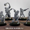 A collection of five Drudge Slayer miniatures stands on a wooden surface, each intricately designed with a mix of armor and weaponry. The figures feature various poses, showcasing unique details such as spiked weapons, chains, and mechanical elements, all rendered in a gray color. The text "DRUDGE SLAYERS F-J" is displayed prominently at the bottom of the image.