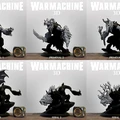 A collection of six 3D models from the Warmachine series is displayed in a grid format. The top row features three Primeval models, each showcasing unique designs with intricate details, including armor and weaponry. The bottom row presents three Feral models, characterized by their beastly forms and dynamic poses, with some featuring wings and distinctive facial features, all set against a simple background.