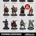 A collection of miniatures features various adventurers, including a thief with a shortsword, a magic user with a snake staff, a druid with a scimitar, and a paladin with a plate and shield. Other characters include an assassin, monk, barbarian with a spear, illusionist, sorcerer with a wand and scroll, ranger, and an old druid with a staff. Each figure is intricately detailed and set against a light background, with a prominent "OUT NOW!" label in red.