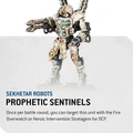 A Sekhetar Robot stands prominently, showcasing a sleek, mechanical design with intricate details and a color palette of cream and blue. It features a large weapon mounted on one arm, resembling a heavy flamer, while the other arm is equipped with a claw-like appendage. The robot's head is adorned with two tall, cylindrical structures, adding to its imposing presence as a formidable combat unit.