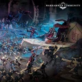A dynamic scene showcases a variety of Warhammer 40,000 miniatures, prominently featuring the new Sekhetar Robots in the foreground, equipped with menacing weaponry. Surrounding them are various Thousand Sons units, including sorcerers and infantry, all set against a richly detailed, otherworldly backdrop with vibrant colors and intricate terrain. The composition highlights the mechanical and mystical elements of the Thousand Sons army, emphasizing their formidable presence on the battlefield.