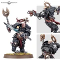 A Black Templars Execrator stands prominently, clad in black power armor adorned with silver details and a white insignia. He wields a master-crafted power sword in one hand and a pyre pistol in the other, with a skull-topped staff featuring angelic wings on his back. The model is set on a grassy base, showcasing intricate details like chains, skulls, and a flowing red cape, emphasizing his role as a devout warrior ready for battle.