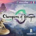 A stylized graphic features the title "Champions of Rokugan" prominently in a bold, artistic font. Below the title, a detailed miniature figure of a samurai is depicted, poised with a weapon, set against a colorful, abstract background that includes shades of blue, pink, and green. The image also includes icons for stretchPay and flags representing the UK and France, along with the Monolith logo in the bottom right corner.
