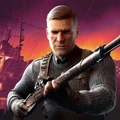 A focused soldier with short, slicked-back blonde hair holds a rifle, looking directly at the viewer with a serious expression. He is dressed in a dark, textured sweater and has tactical gear, including a strap across his chest. The background features a dramatic sunset with shades of orange and purple, along with silhouettes of ships and rain, creating a tense atmosphere.
