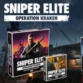 A promotional image features two game boxes for the Sniper Elite tabletop game. The larger box on the left is titled "Sniper Elite: Operation Kraken," showcasing a character holding a rifle against a backdrop of a war-torn setting. The smaller box on the right is labeled "Sniper Elite: Escalation," depicting a different character with a firearm. The background includes industrial elements, suggesting a gritty atmosphere, with rain adding to the dramatic effect.
