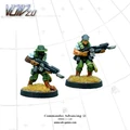 Two miniature commandos are depicted in an advancing pose, ready for action. The first commando, on the left, has dark skin and wears a green hat, a green and black uniform, and holds a futuristic weapon. The second commando, on the right, has light skin, wears a gray cap and a green uniform, and also carries a similar weapon. Both figures stand on bases with tufts of grass, set against a grid-like background.