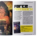 A vibrant illustration features a large, imposing stone statue of a figure with a stern expression, surrounded by characters from the Star Wars universe, including a young boy and R2-D2, who are positioned in the foreground. The background depicts a dark, cavernous space with angular architecture, enhancing the dramatic atmosphere. Accompanying text discusses the ambitious nature of the Star Wars Roleplaying Game, highlighting insights from designer Bill Slavicsek and its impact on licensed games.