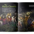 A vibrant illustration fills the pages, showcasing a diverse array of fantasy characters, including wizards, warriors, and monstrous creatures, all set against a dark, atmospheric background. The title "The Martin Chronicles" is prominently displayed in green, highlighting the tribute to artist Martin McKenna, who significantly influenced the visual style of classic RPGs. The characters are depicted in dynamic poses, conveying a sense of action and adventure, while intricate details in their costumes and expressions reflect the rich lore of the gaming world.