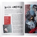 A two-page spread from "Secret Passages" features an article titled "Walk Among Us," discussing "Vampire: The Masquerade." The left page includes stylized text and a brief overview of the game's impact, alongside a black-and-white image of a masquerade mask. The right page showcases a colorful collage with a character in a dark, ornate costume adorned with a large flower, set against a backdrop of vintage photographs and splashes of red, evoking a dramatic and immersive atmosphere.