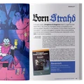 A vibrant illustration features a pale-skinned vampire, Count Strahd von Zarovich, seated on a throne in a dark, gothic setting, holding a goblet. He wears a lavish, dark cloak and has a sinister expression, surrounded by shadowy figures and flickering candles. To the right, text titled "Born Strahd" introduces the article, alongside an image of the "Ravenloft" sourcebook cover, which includes its title and publication details.