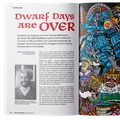 A vibrant magazine spread features a colorful illustration depicting a chaotic scene with various fantasy characters, including armored warriors, a wizard, and a troll, all engaged in a tabletop gaming session. The left page contains an interview titled "Dwarf Days are OVER," with bold red text and a black-and-white photograph of Paul Cockburn, who is discussing his experiences in the gaming industry. The overall design combines dynamic artwork with engaging text, reflecting the nostalgic and adventurous spirit of classic RPGs and wargames.