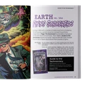 A vibrant illustration features a wizard with a long beard and flowing robes, casting spells amidst a backdrop of swirling clouds and lightning. In the foreground, a character dressed in a suit and sunglasses holds a futuristic device, embodying a blend of mystery and action. The text "EARTH vs. the FLYING SORCERERS" is prominently displayed, alongside a section titled "Guide to the Technocracy," which includes details about the role-playing sourcebook and its creators.