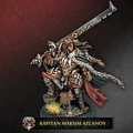 Kapitan Maksim Azlanov stands prominently, wielding a large, intricately designed sword with a decorative hilt. He is clad in dark, rugged armor adorned with various details, including a fur-lined cape and numerous pouches. At his feet, a small, fierce-looking wolf companion adds to his imposing presence, while the background features a dark, textured surface that enhances the character's menacing aura. The name "KAPITAN MAKSIM AZLANOV" is displayed prominently at the bottom.