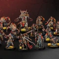 A diverse group of fantasy miniatures is displayed, featuring various characters and beasts from the Old Umbrey Core Expansion. Prominent figures include a muscular warlock with a fierce expression, flanked by werewolves and a large, imposing beast. The scene is set against a dark background, with vibrant colors highlighting the intricate details of the miniatures, including their armor, weapons, and dynamic poses, while patches of grass add a touch of realism to the base.