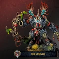 A large, menacing creature known as The Starved stands prominently, featuring a skeletal face adorned with a skull and antlers, and a body covered in dark fur and tattered clothing. It wields a twisted staff entwined with green vines, while a small figure is clutched in its grasp, adding to its intimidating presence. The base is decorated with grass and rocks, set against a dark, textured background that enhances the creature's ominous appearance.